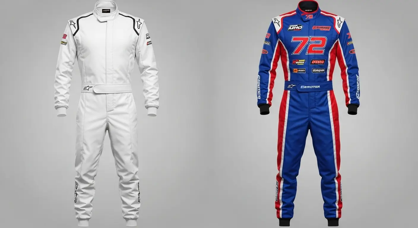 A plain white karting suit and a dramatically customized suit with bold blue and red graphics, team number, and sponsor logos, showcasing the transformation.