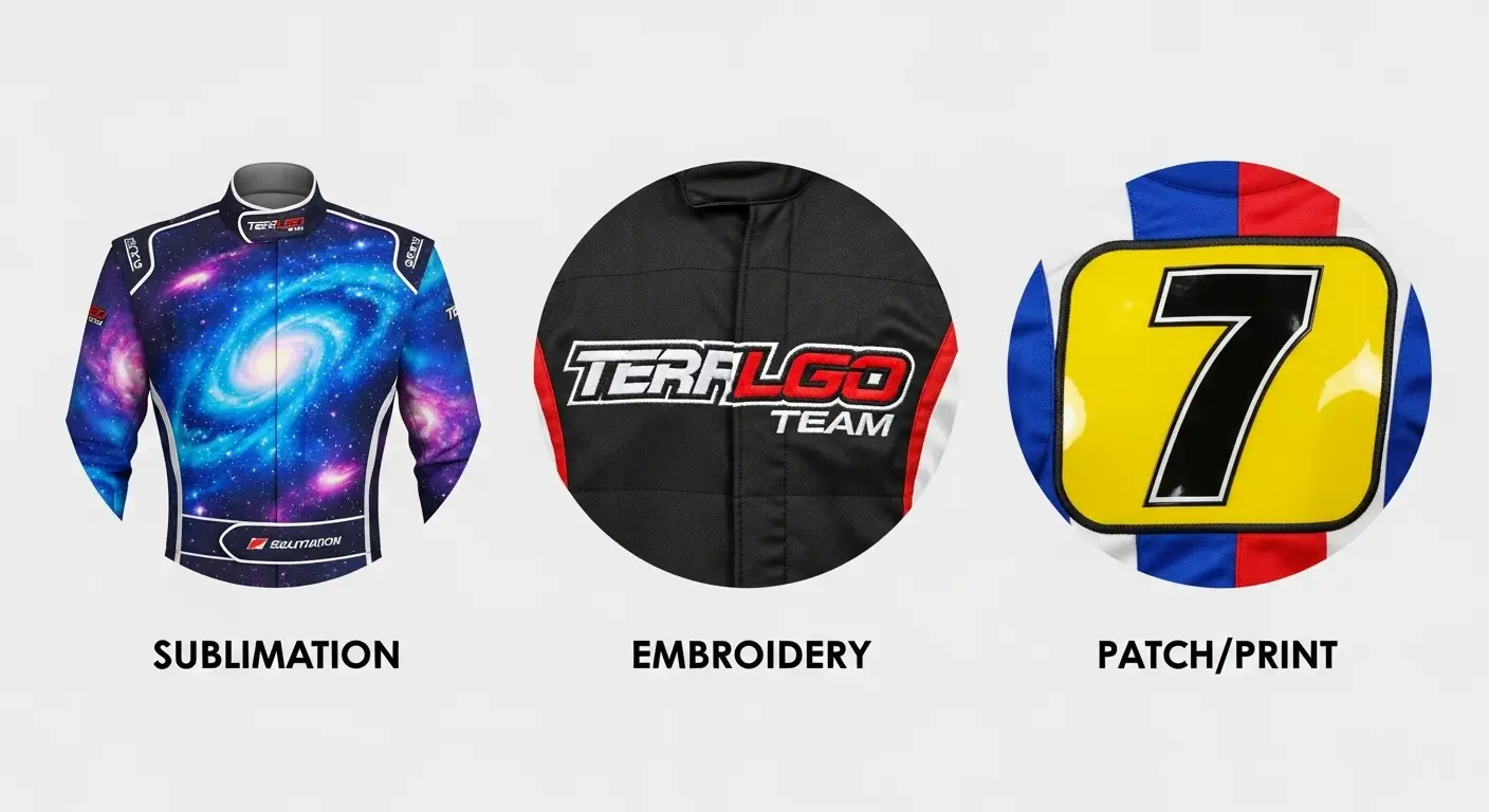 An infographic illustrating three circles: one showing a karting suit with full-color galaxy print (Sublimation), another with a raised, textured team logo (Embroidery), and a third with a crisp, vinyl-applied number (Patch/Print).