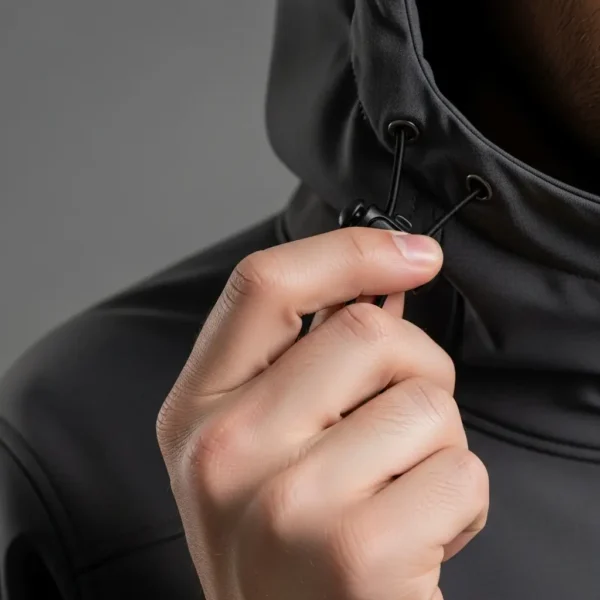 Closeup of a hand adjusting the elastic drawstring and cord lock on the hood of a dark grey softshell jacket.