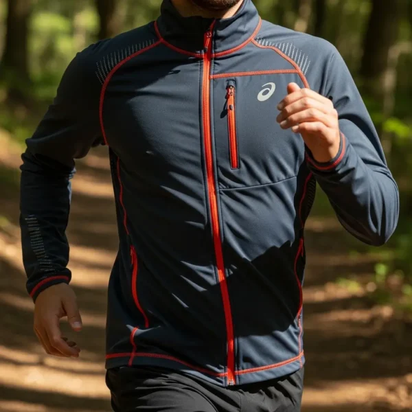 Man running outdoors in a dark blue athletic softshell jacket with bright orange zippers and reflective stitching details.