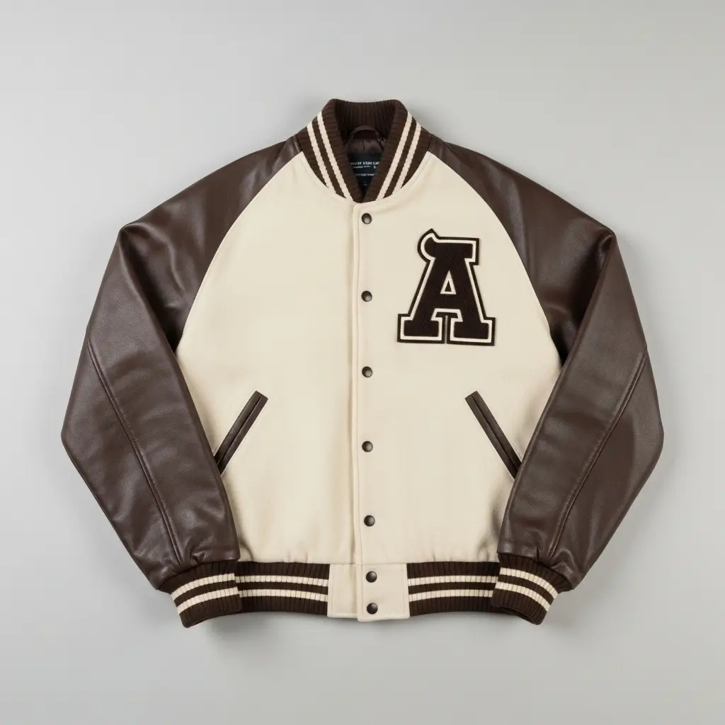 Letterman jacket with beige wool body and brown set-in leather sleeves and chenille letter patch on chest.