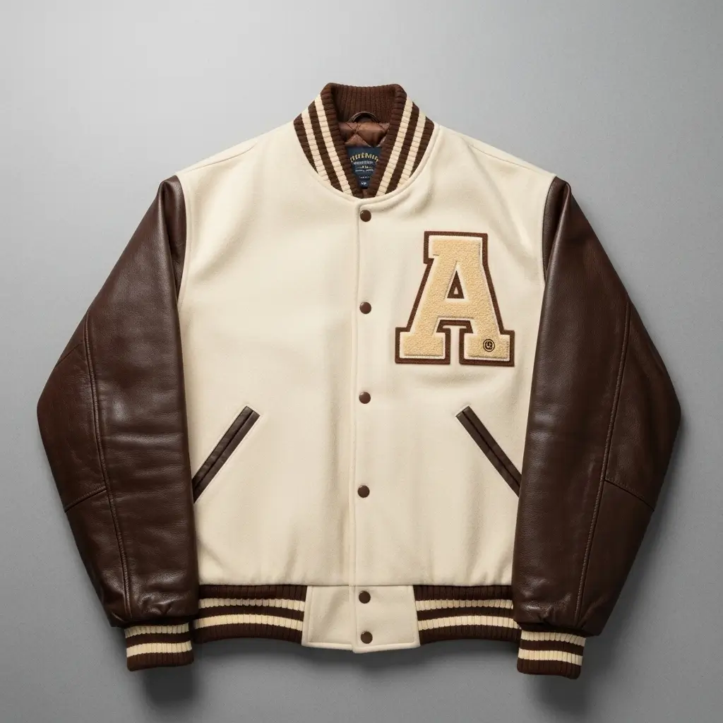 Letterman jacket with beige wool body and brown raglan leather sleeves and chenille letter patch on chest.