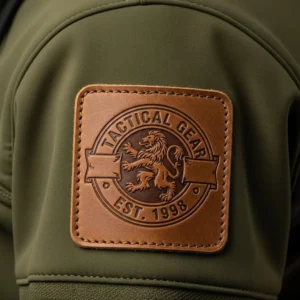 Closeup of a square brown leather patch sewn onto an olive green softshell jacket, featuring a lion crest and "TACTICAL GEAR EST. 1998."