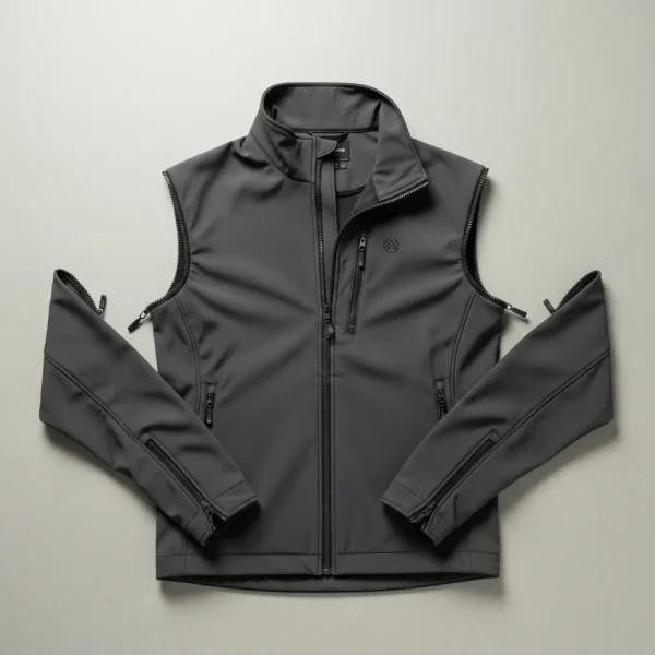 Dark grey softshell jacket laid flat with zippered sleeves detached, converting the jacket into a vest or gilet.