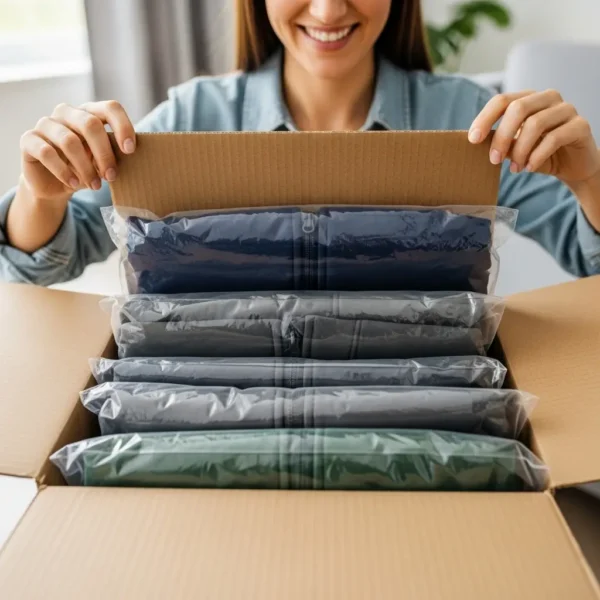 Happy customer unboxing a cardboard box filled with several neatly folded, individually packaged softshell jackets in different colors.
