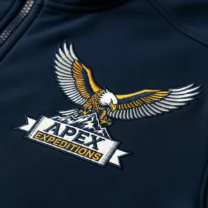 Closeup of a navy blue softshell jacket featuring a detailed embroidered patch with an eagle, mountains, and the text "APEX EXPEDITIONS."