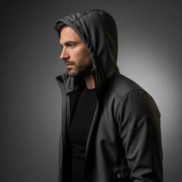 Man modeling a dark grey softshell jacket with a fixed, integral hood, viewed from the side in a studio setting.