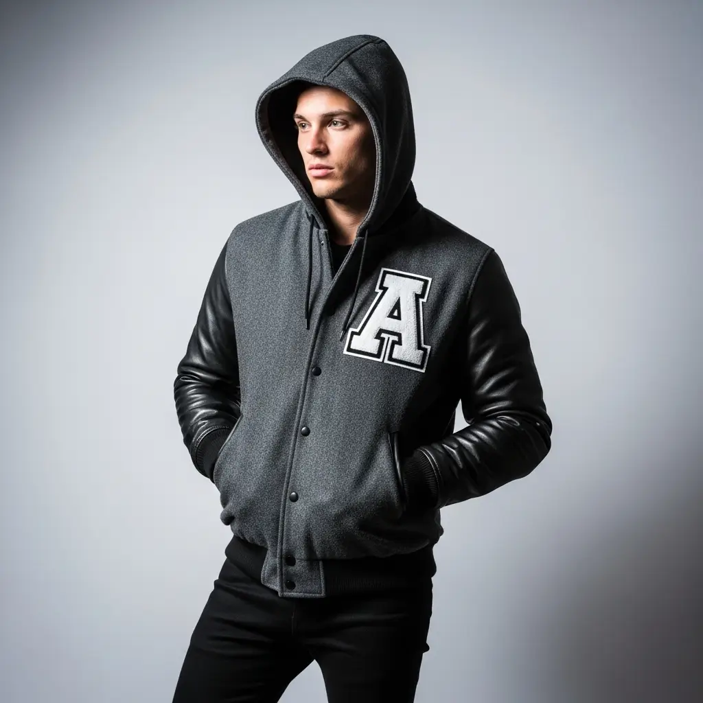 A gray wool body and black leather sleeves varsity jacket with white "A" chenille letter patch.