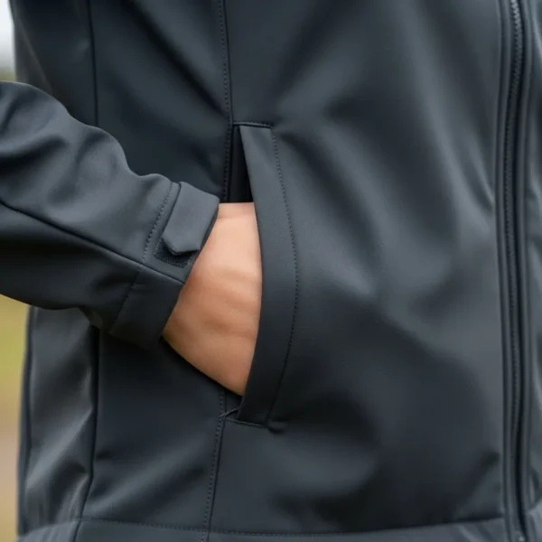 Closeup of a hand placed inside the deep slash pocket of a dark grey softshell jacket, demonstrating the handwarmer feature.