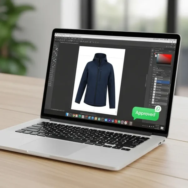 Laptop screen showing a custom navy blue softshell jacket design mockup with an "Approved" chat bubble, indicating final design sign-off.