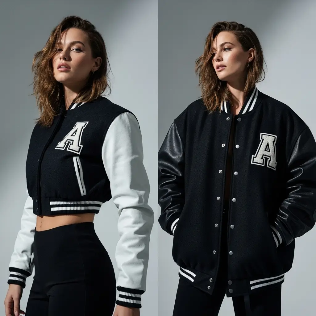 A navy wool body and white leather sleeves cropped varsity jacket with white "A" chenille letter patch and a navy wool body and black leather sleeves oversized varsity jacket with white "A" chenille letter patch.