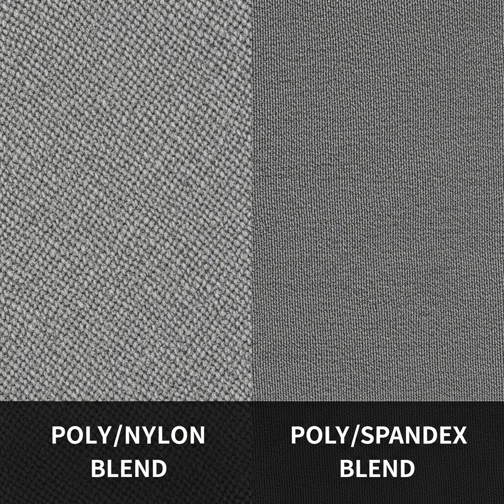 Split image showing two grey fabric textures: a Poly/Nylon Blend with a woven look and a Poly/Spandex Blend with a ribbed knit look.