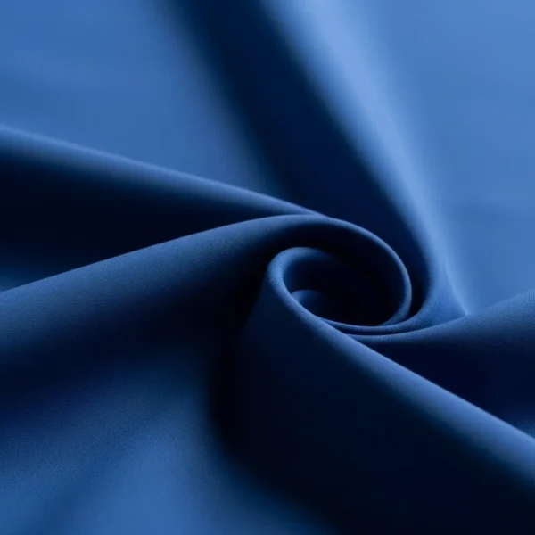 Closeup detail of a smooth, rich royal blue polyester softshell fabric, curled to show the texture and slight sheen.