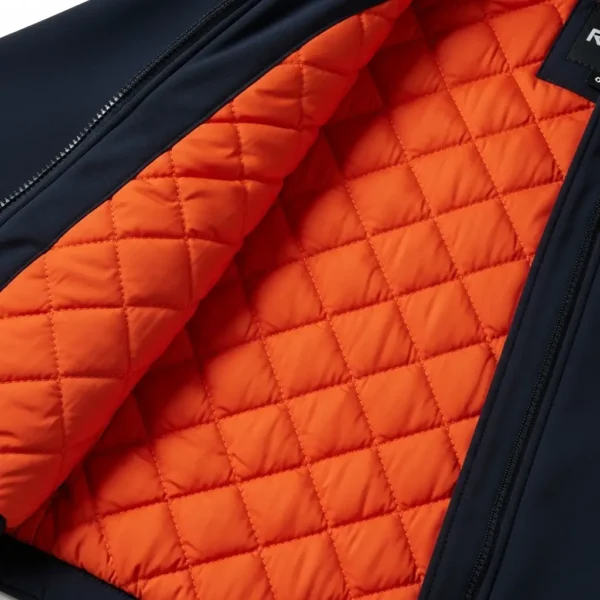 Closeup of the interior of a navy softshell jacket revealing a bright orange, diamond-pattern quilted lining for insulation.