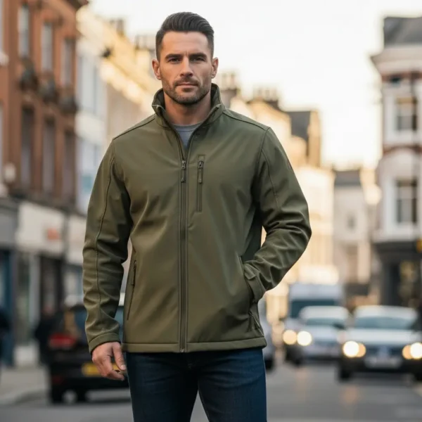 Man modeling a plain olive green softshell jacket with a regular, relaxed fit on a city street, hands in pockets.