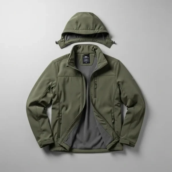 Olive green softshell jacket laid flat with its zippered, matching hood detached and placed above, converting the jacket to a stand-collar style.
