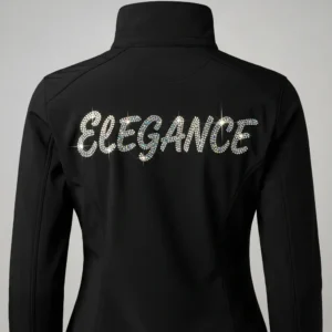 Back view of a black fitted softshell jacket displaying the word "ELEGANCE" spelled out in sparkling silver and blue rhinestones.