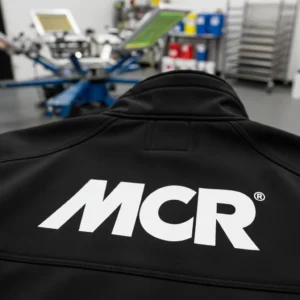 Closeup back view of a black softshell jacket with a large white screen-printed "MCR" logo applied near the collar.