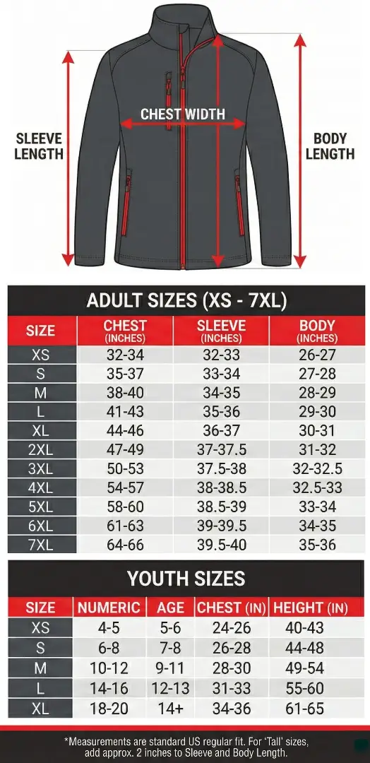 Custom softshell jacket size chart for US in inches.