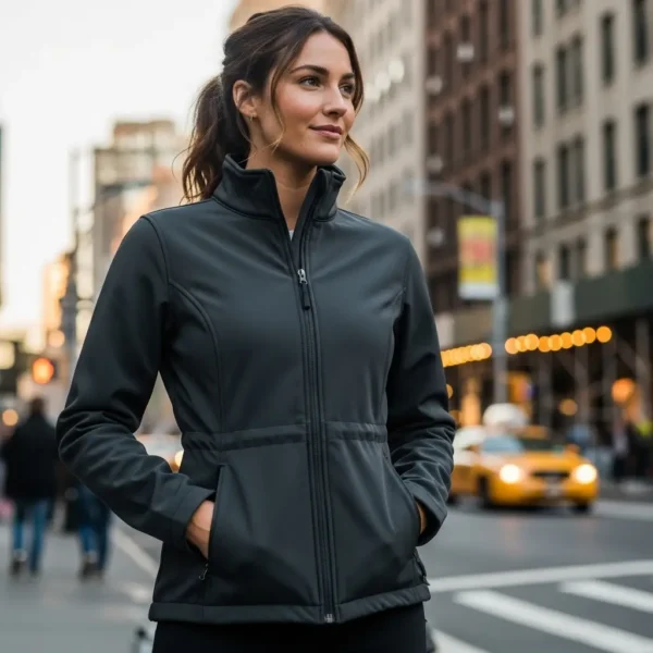 Woman wearing a dark grey softshell jacket with a slim, contoured fit and cinch waist, standing on a busy city street.