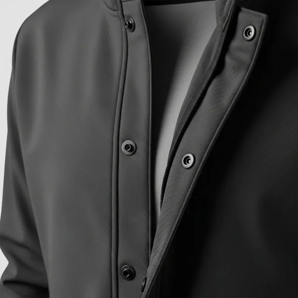 Closeup of a black softshell jacket's front closure, showing a placket covering the zipper, secured by matte black snap buttons.