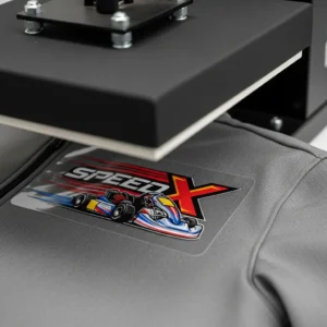Direct-to-Film (DTF) transfer featuring a race car graphic being heat-pressed onto a grey softshell jacket using a commercial heat press machine.