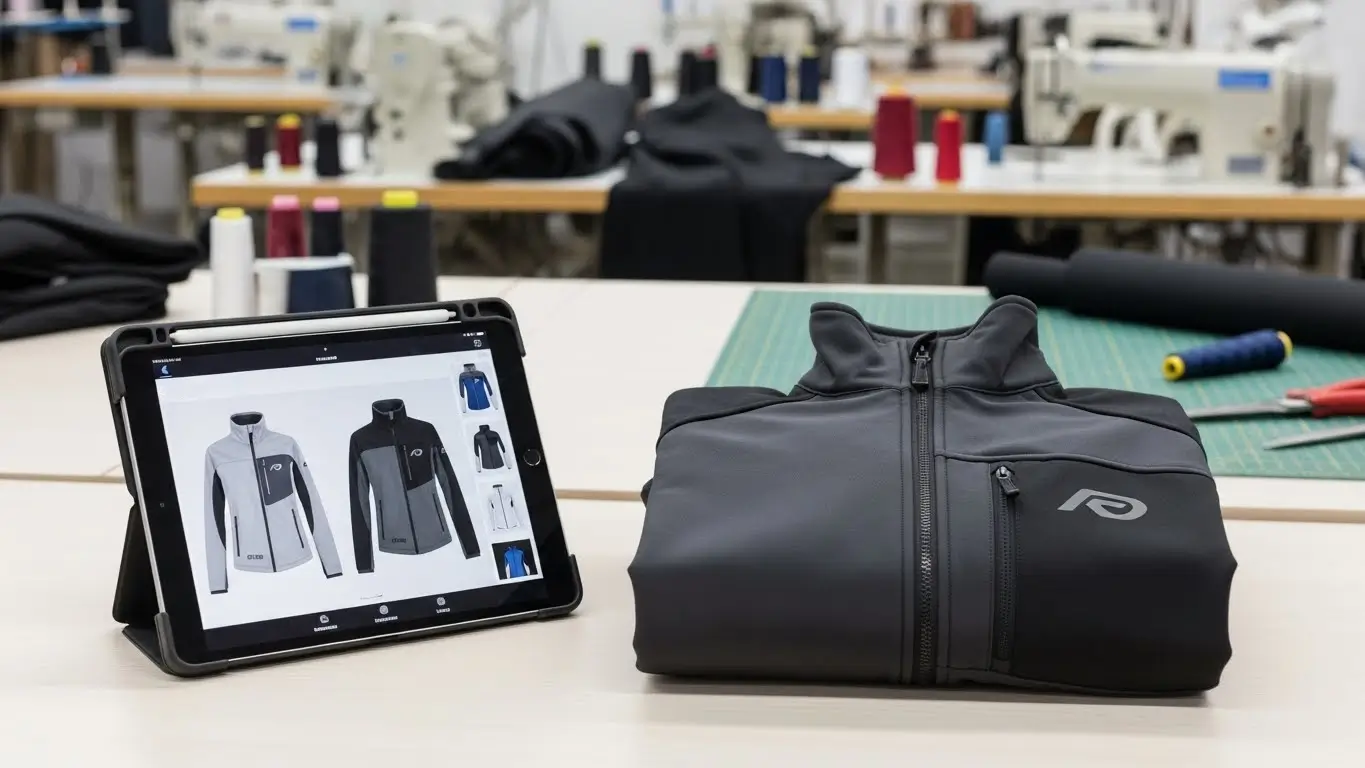 Softshell jacket on a table next to a tablet displaying design mockups in a garment manufacturing or sewing facility with sewing machines visible.