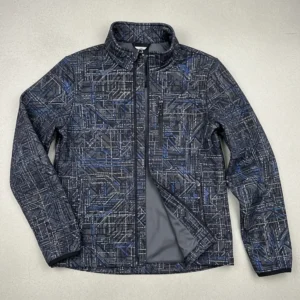 Full view of a sublimated softshell jacket featuring a black, grey, and blue geometric abstract pattern design on a light background.