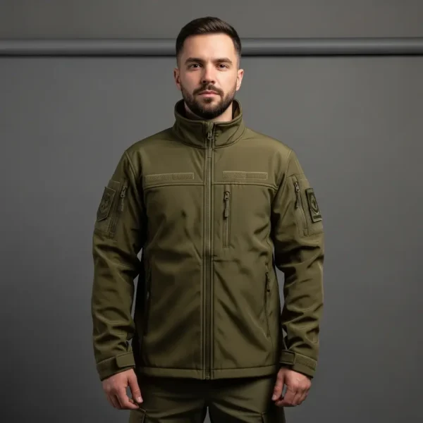 Man modeling an olive drab tactical-style softshell jacket featuring multiple zippered pockets and Velcro patch areas on the sleeves.