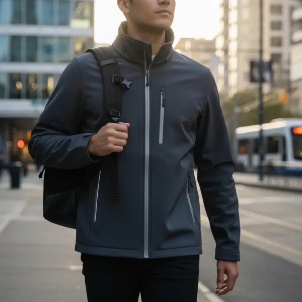 Man wearing a dark grey softshell jacket with contrast silver zippers and carrying a backpack, walking on a city street.