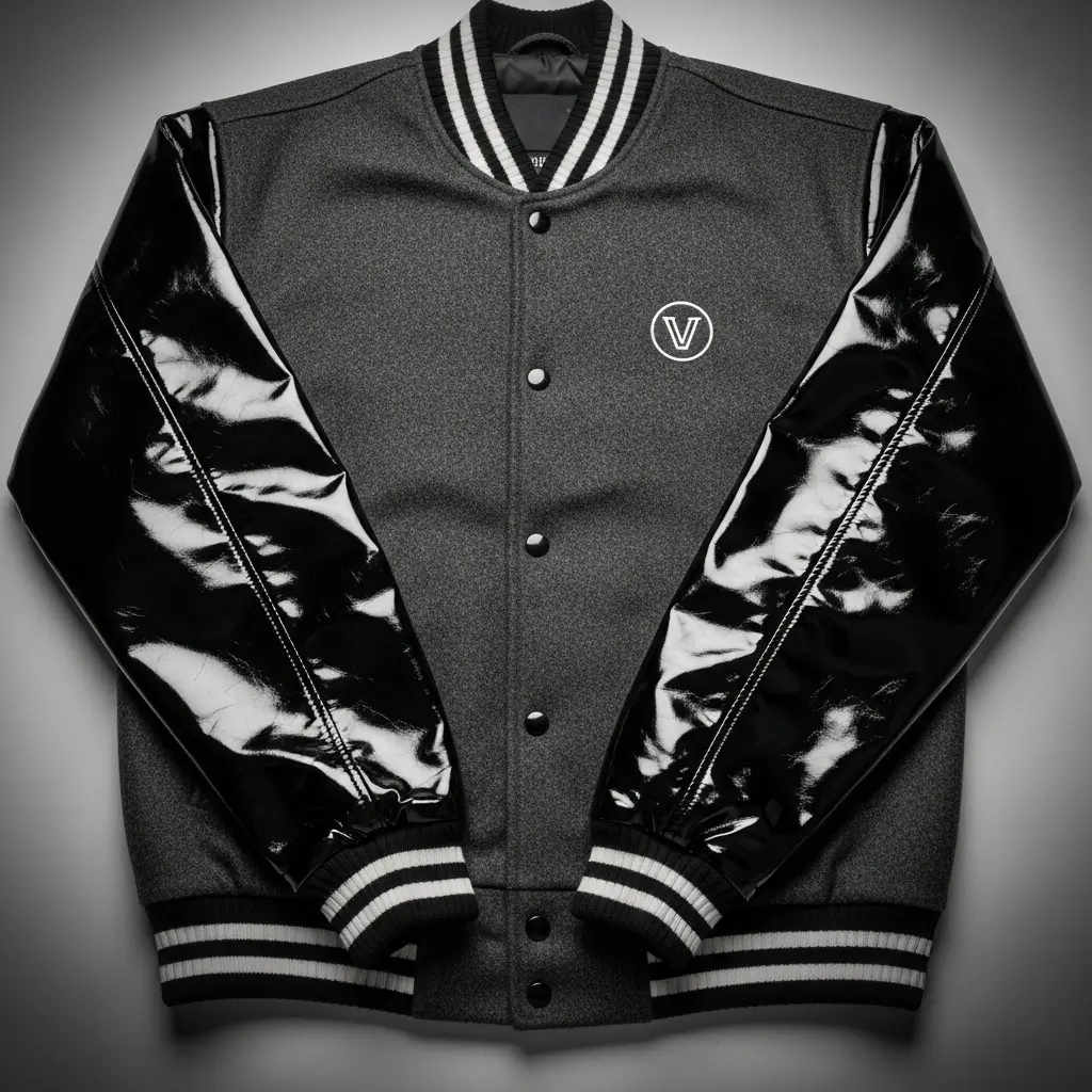 Varsity jacket with dark gray wool body and black vinyl sleeves.