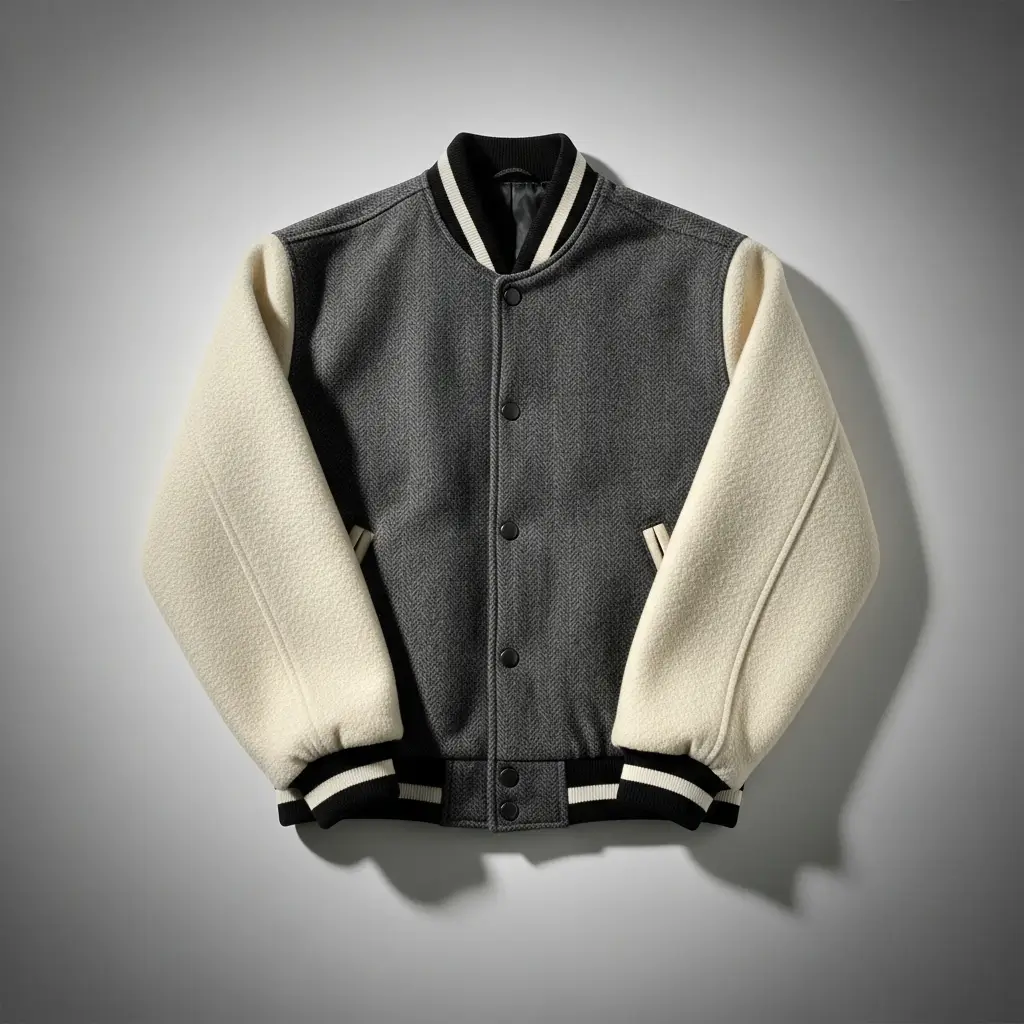 A flat lay of gray wool body and beige wool sleeves, varsity jacket.