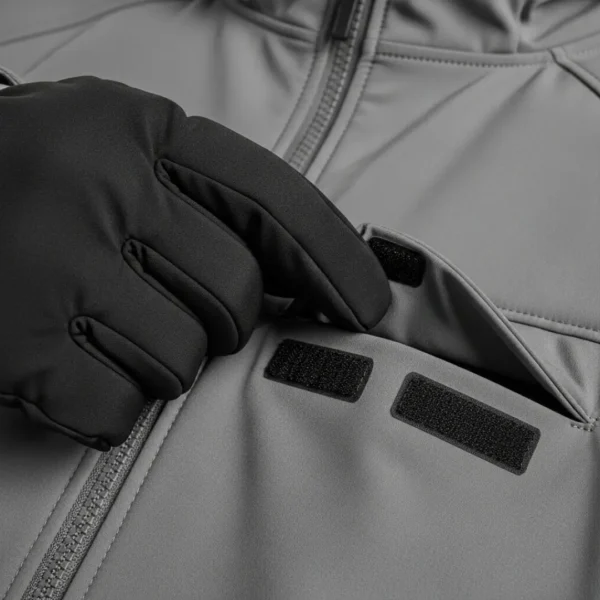 Closeup of a hand in a glove opening a pocket on a light grey softshell jacket secured with three strong black Velcro closures.