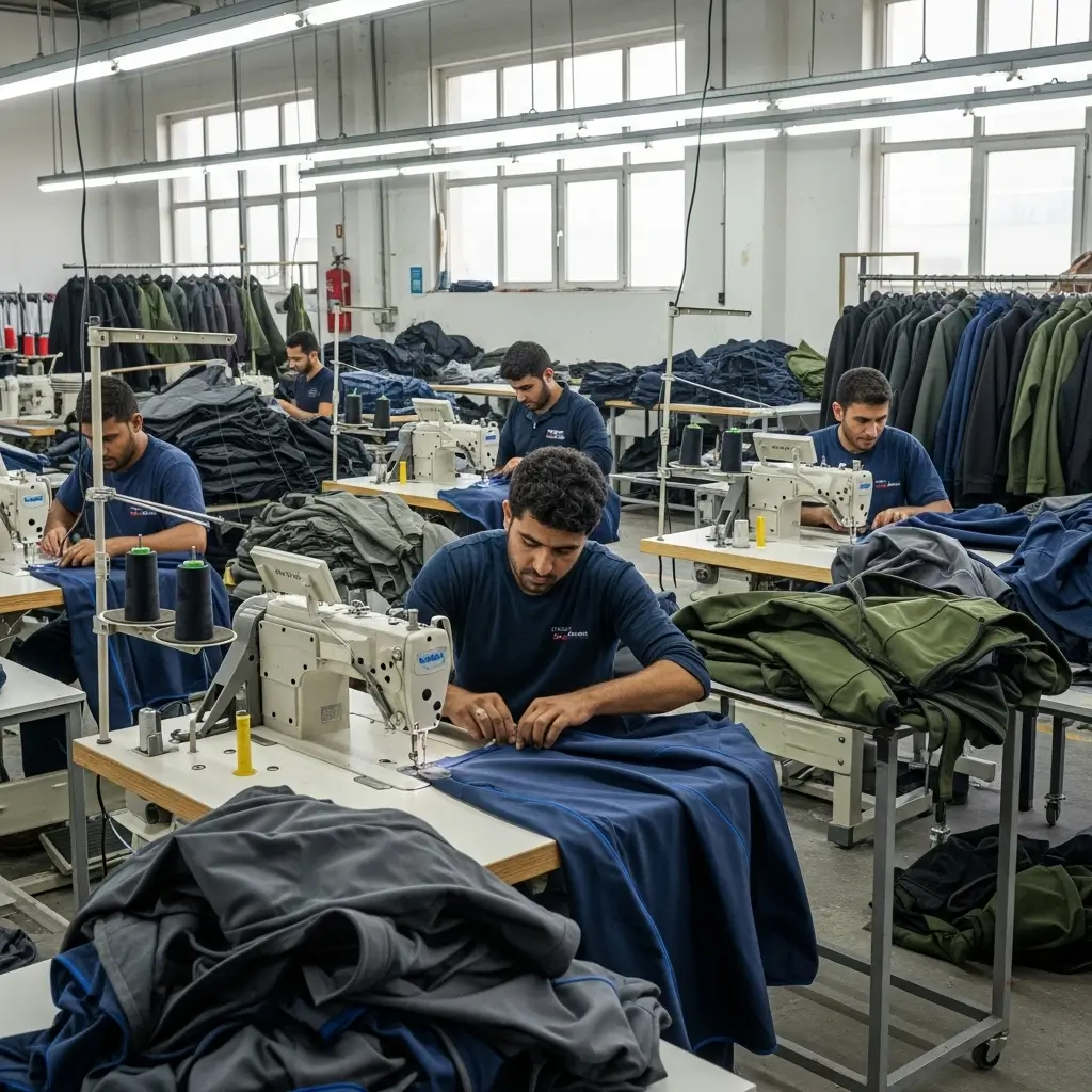 Four male workers in a bright garment factory sewing jackets on industrial machines, with racks of finished clothing in the background.