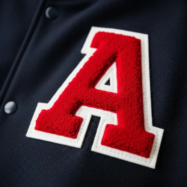 Chenille embroidered patch letter "A" on a varsity jacket.
