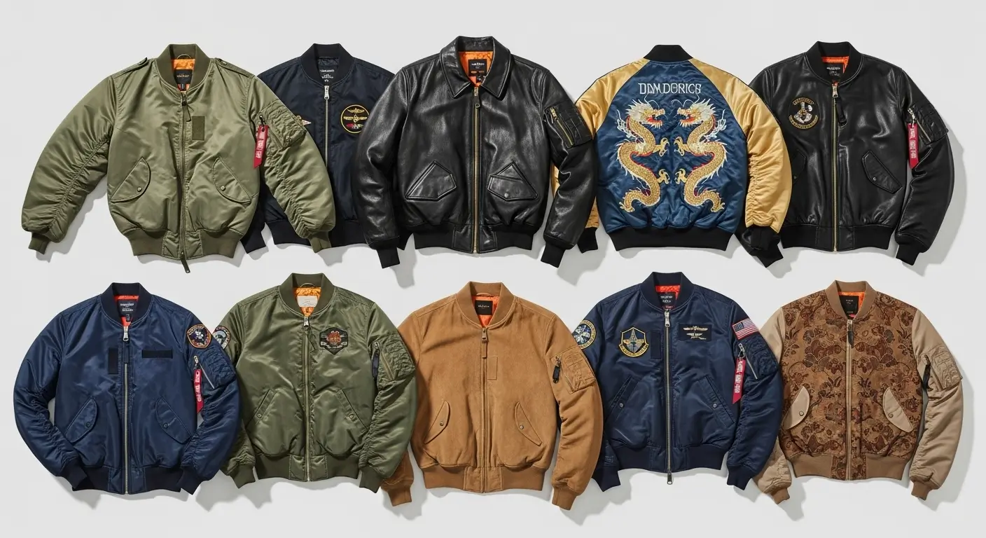 Flat lay collection of ten assorted custom bomber jackets, featuring olive and blue nylon flight jackets with patches, black leather aviator styles, a tan suede jacket, and a blue embroidered dragon souvenir jacket.