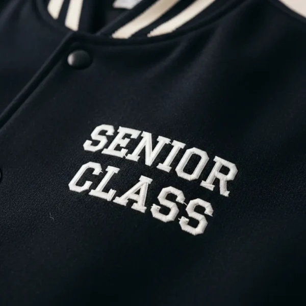 "SENIOR CLASS" embroidered on a varsity jacket.