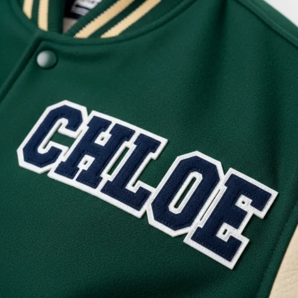 tackle twill embroidery on varsity jacket.