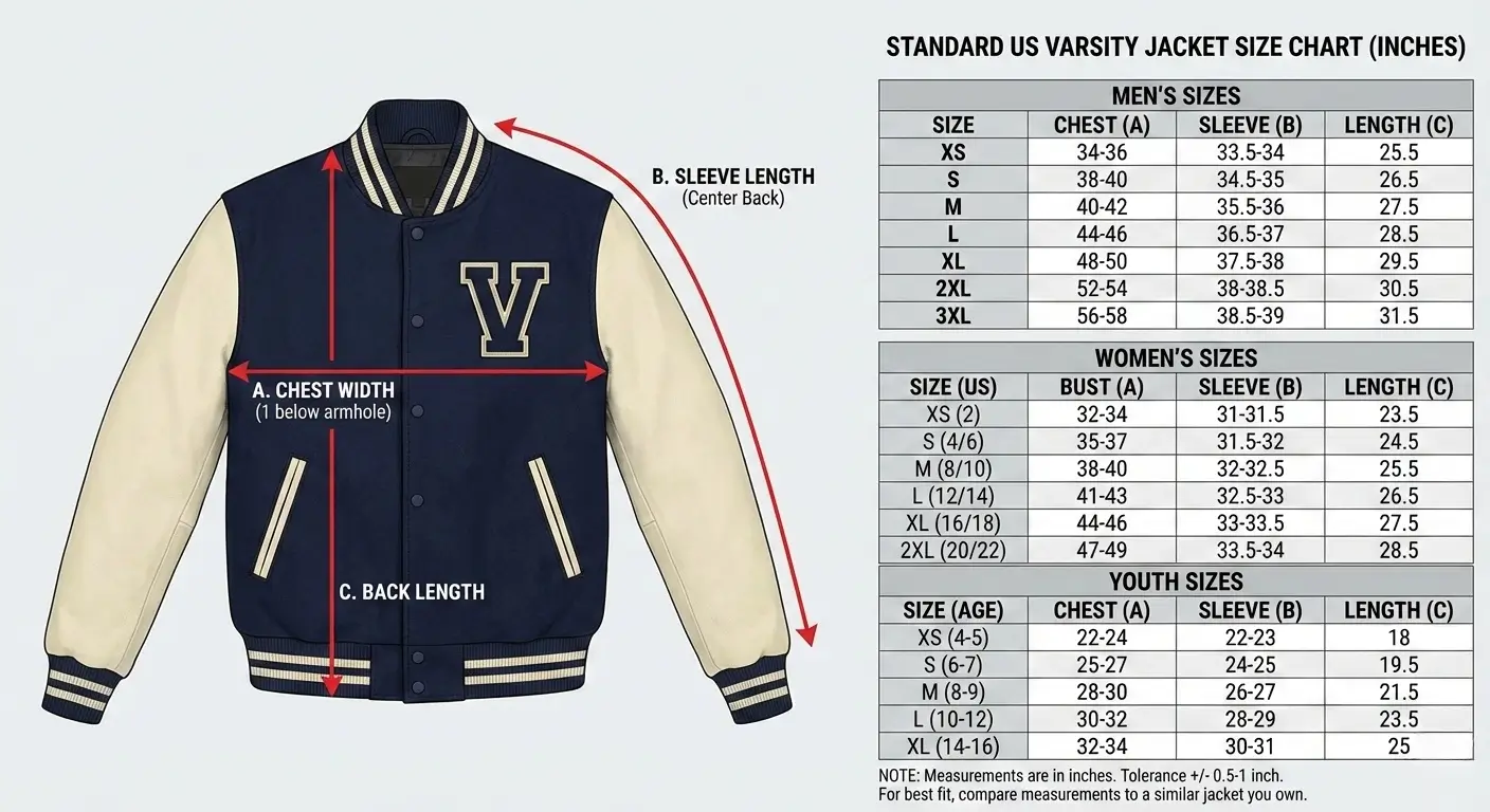 Redsonics varsity jacket size chart for men, women, and youth/kids.