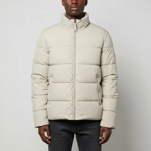 Beige stand collar puffer jacket.