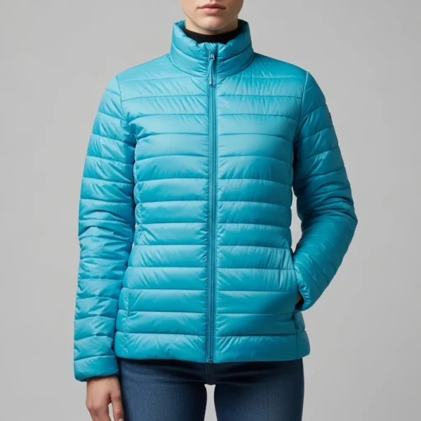 Blue lightweight puffer jacket.