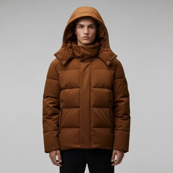 Brown detachable hood puffer jacket.