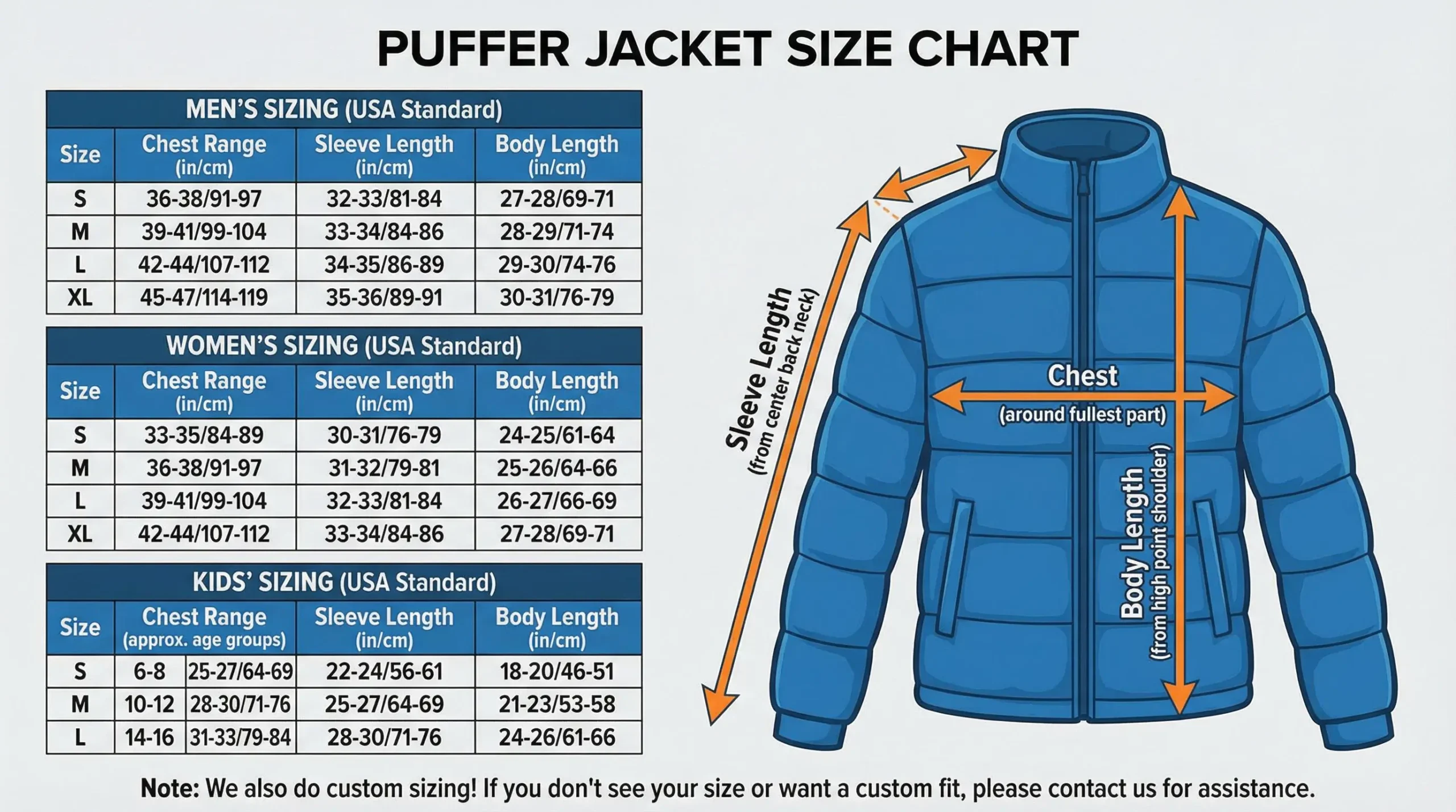 Custom puffer jacket size chart.