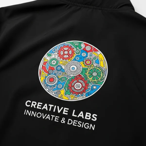 A closeup of dtf printed logo and text on a jacket back.