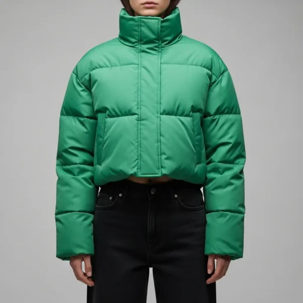 Green cropped puffer jacket.