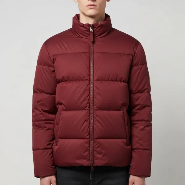 Maroon regular puffer jacket.