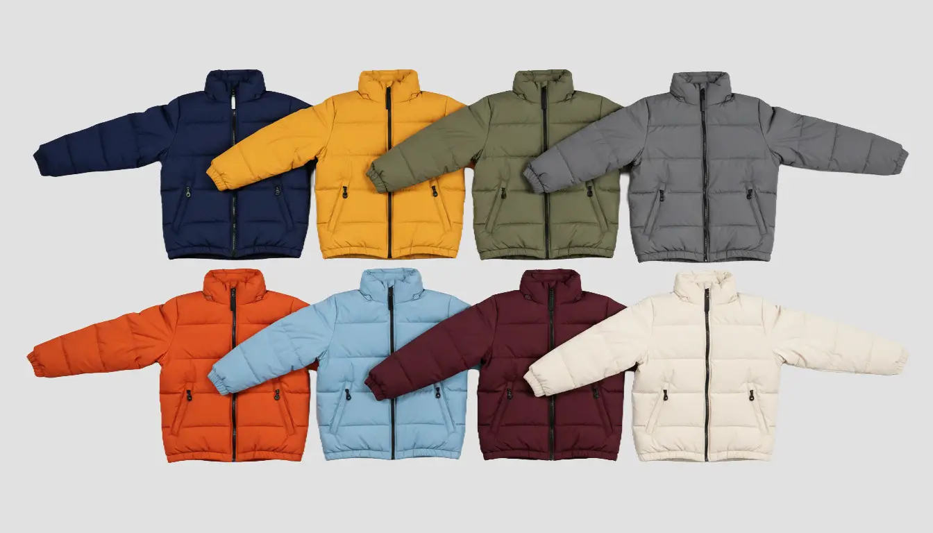 A flat lay of multiple monochrome custom puffer jackets.
