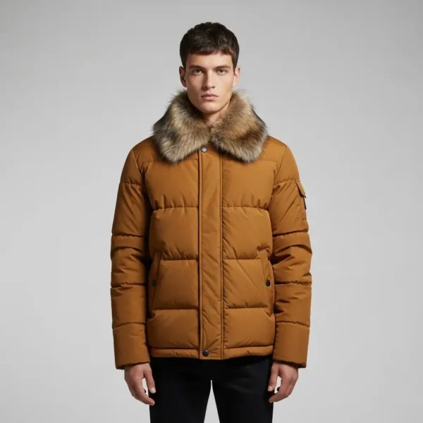 Mustard faux fur collar puffer jacket.