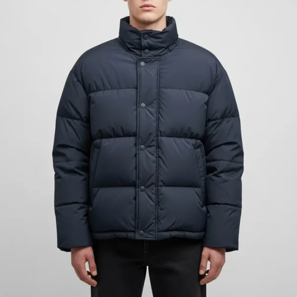 Navy boxy fit puffer jacket.
