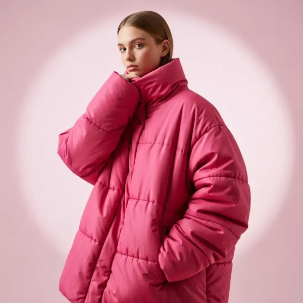 Pink oversized fit puffer jacket.